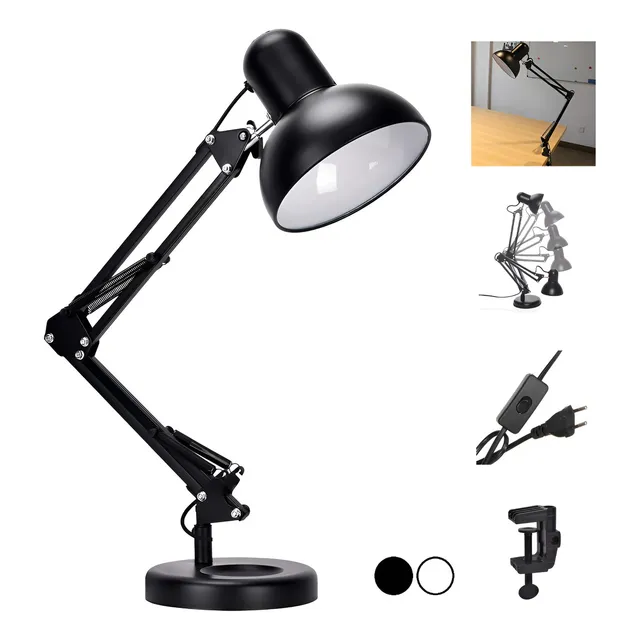 Luminária De Mesa Leitura Estudo Escritório Quarto Trabalho Manicure Salão De Beleza Abajur Articulada 360° 2x1 Com Garra Flex E Base A+ Utilidades Preta
