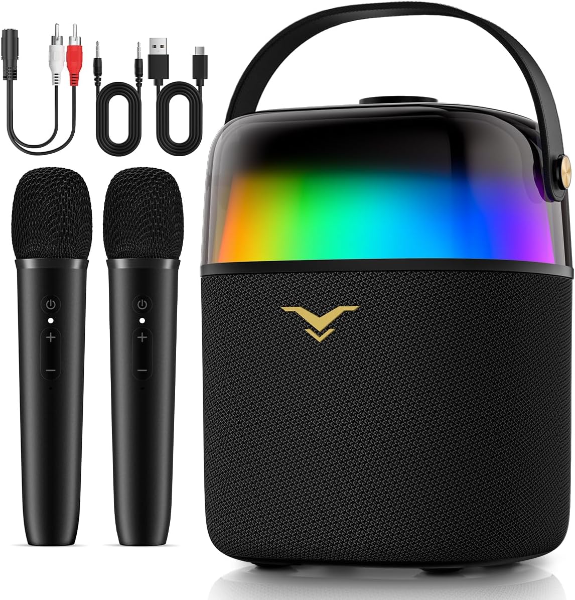 Caixa de Som Bluetooth Karaoke PartyFree, Partybox com Dois Microfones Sem Fio, Sistema de PA com Modo Discurso e Luzes LED Dinâmicas Embutidas, Suporta FM/AUX/USB/6,35mm, para Festa Presente