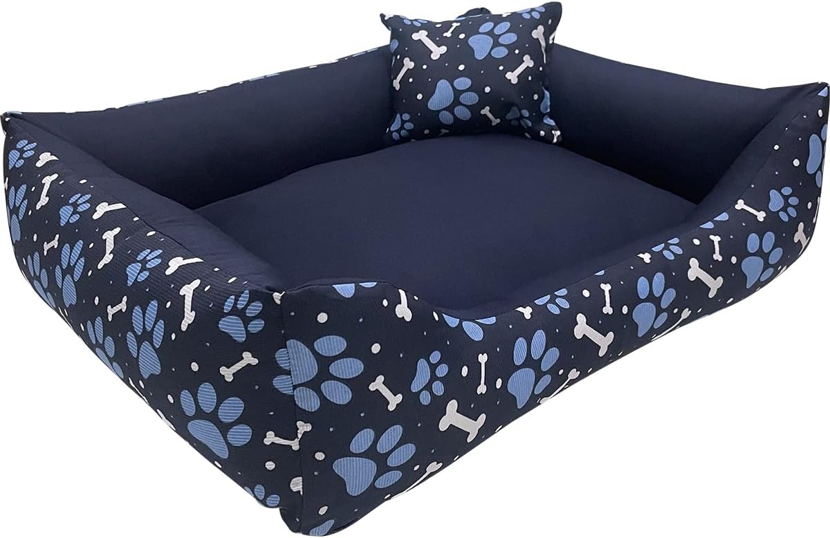 Cama Caminha para Pet Cachorro Gato Grande 70x60 com Zíper Lavável e Fundo Impermeável (Azul Ossinhos e Patinhas)