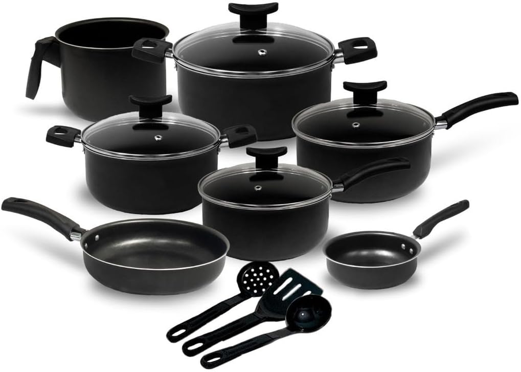 Jogo de Panelas 10 Peças Preto Antiaderente c/Tampa de Vidro e Utensílios