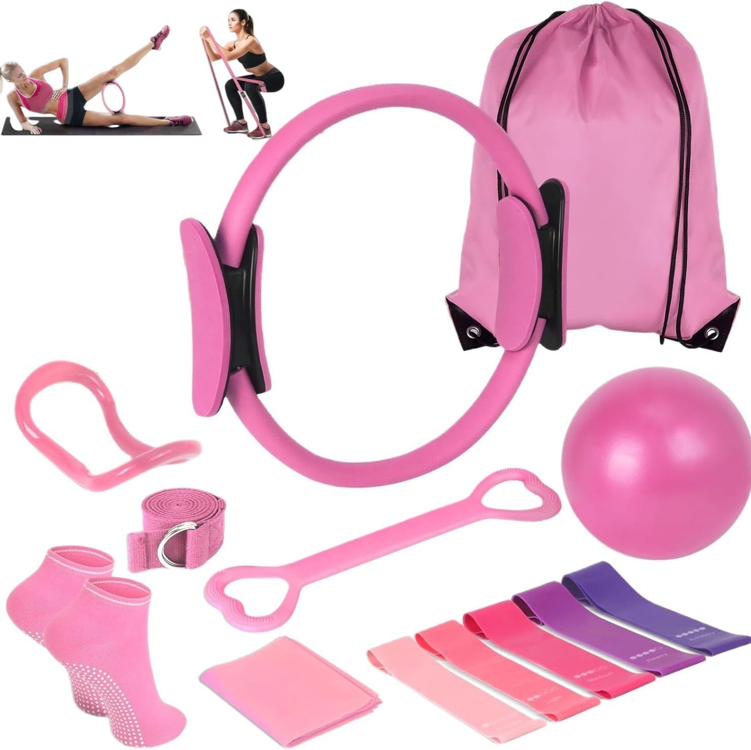 Kit básico de anéis de Pilates, conjunto de equipamentos para exercícios em casa com bola de 25 cm, faixas elásticas, acessórios, conjunto de Pilates para pernas e braços (13 peças)