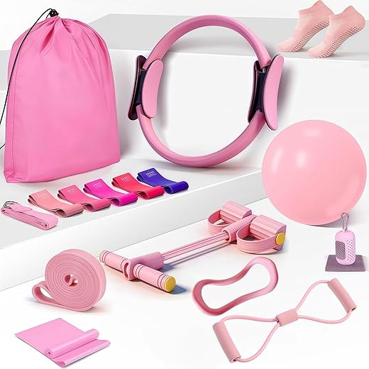 Kit básico de anéis de Pilates, conjunto de equipamentos para exercícios em casa com bola de 25 cm, faixas elásticas, acessórios, conjunto de Pilates para pernas e braços (13 peças)